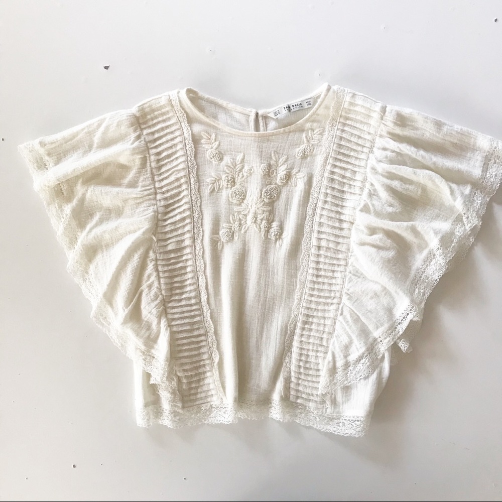 OFFERS WELCOME 
ZARA Boho Muslin Lace & Beads Cream Top